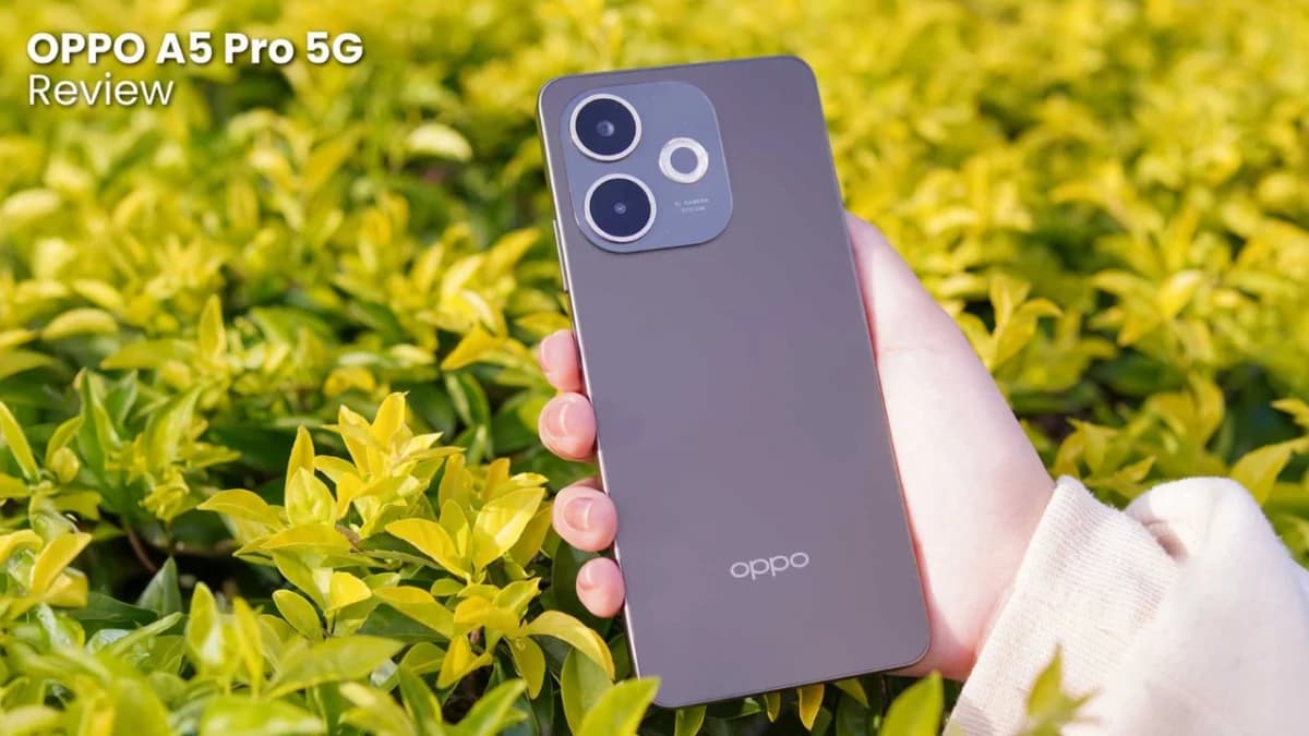 "OPPO A5 Pro 5G स्मार्टफोन के फीचर्स और डिजाइन की झलक - 120Hz डिस्प्ले, 50MP कैमरा, 5800mAh बैटरी के साथ 5G अनुभव।