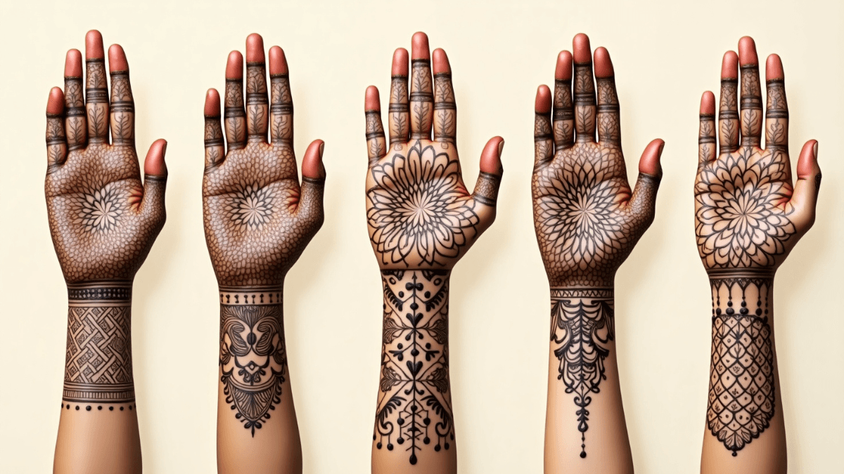 A collage of five hands featuring unique bridal mehndi designs, each with a distinct style including floral patterns, mandalas, Arabic fusion, and traditional Rajasthani motifs, displayed on a soft beige background.