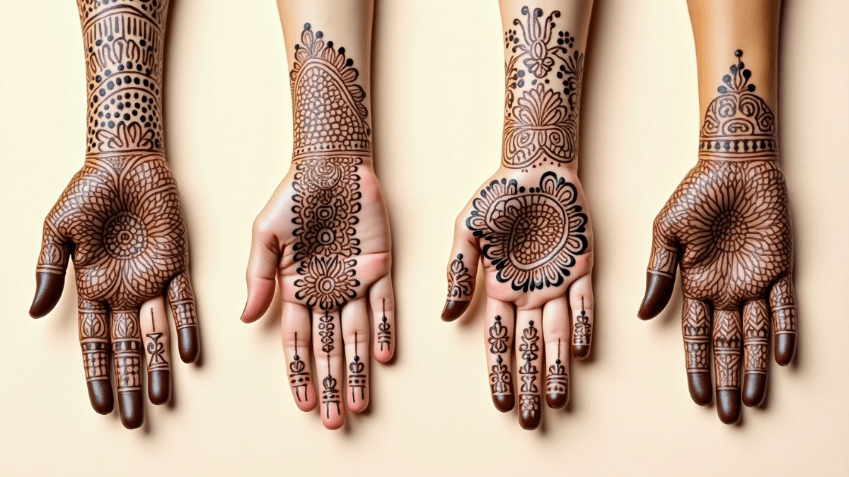 A collage of five hands featuring unique bridal mehndi designs, each with a distinct style including floral patterns, mandalas, Arabic fusion, and traditional Rajasthani motifs, displayed on a soft beige background.