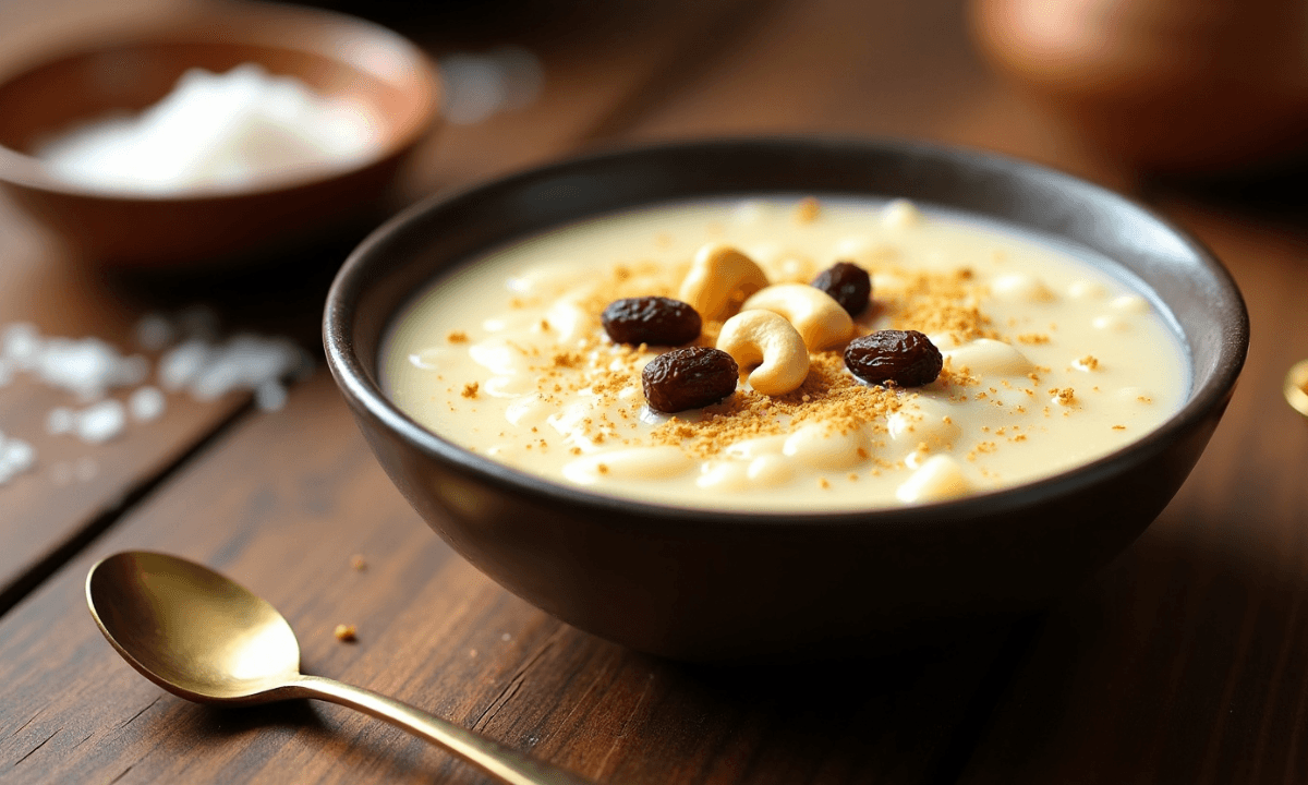 Coconut Kheer Recipe in Hindi - मलाईदार नारियल की खीर एक कटोरी में परोसी गई, ऊपर से काजू और किशमिश से सजाई गई