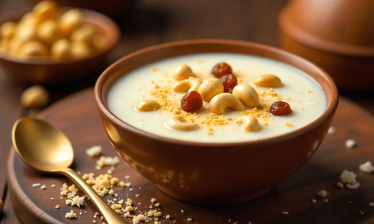Coconut Kheer Recipe in Hindi - मलाईदार नारियल की खीर एक कटोरी में परोसी गई, ऊपर से काजू और किशमिश से सजाई गई