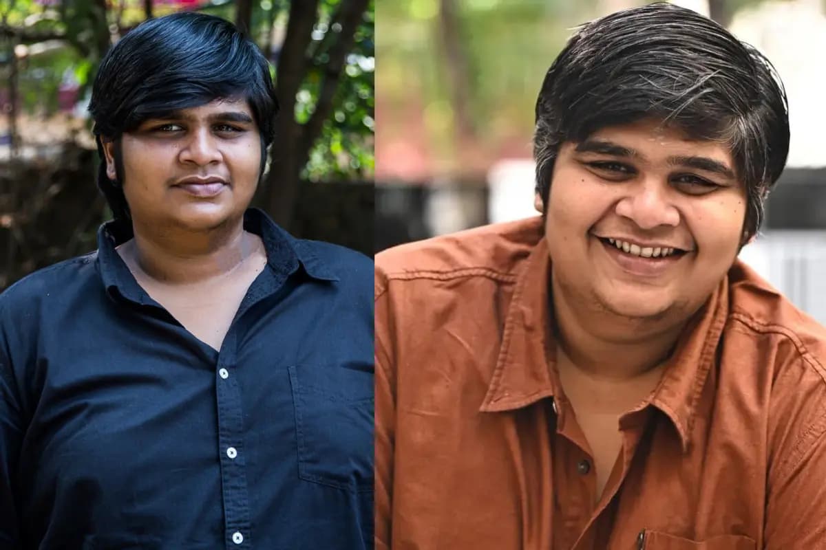 Karthik Subbaraj smiling in front of movie posters with net worth and film success highlights in background