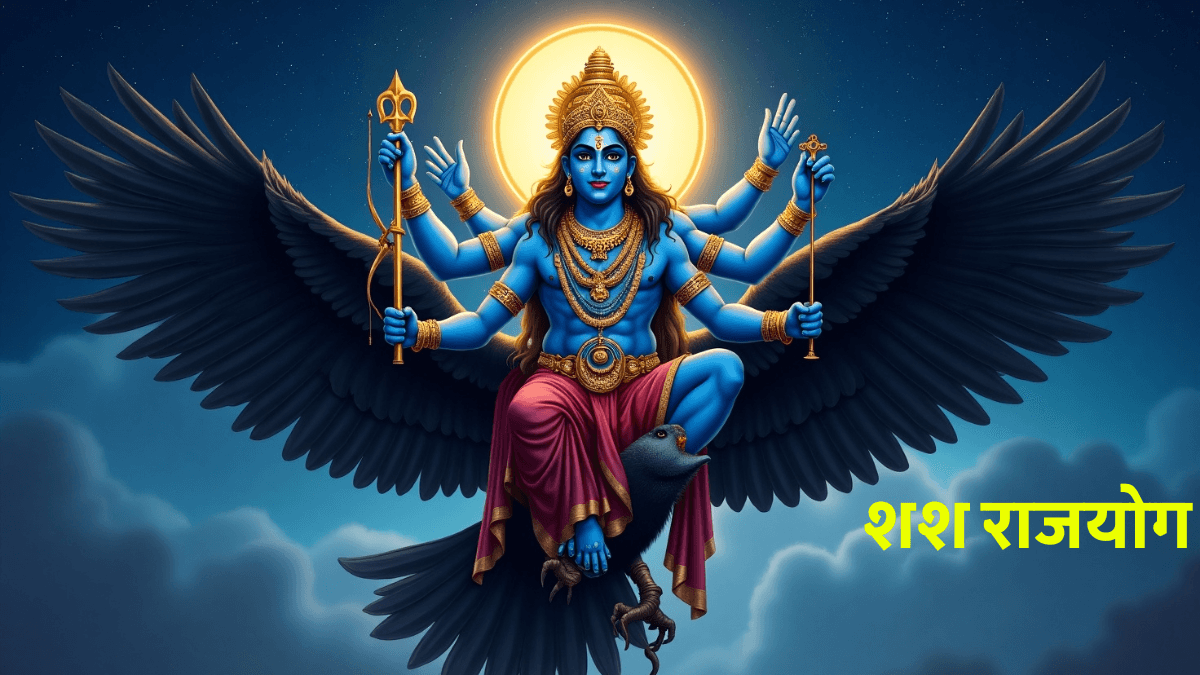 Shash Raj Yog में शनि ग्रह की स्थिति दिखाते हुए ज्योतिषीय कुंडली का चित्र, जिसमें चौथे, सातवें और दसवें भाव में शनि के प्रभाव से ऐश्वर्य, धन और सफलता दर्शाई गई है।