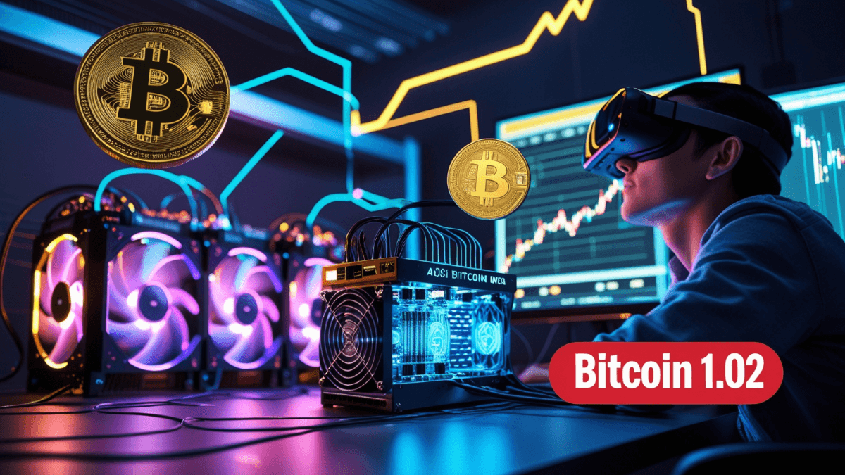 Crypto Mining setup with GPU and ASIC hardware, digital Bitcoin coin and mining software interface in background, representing cryptocurrency mining process in Hindi