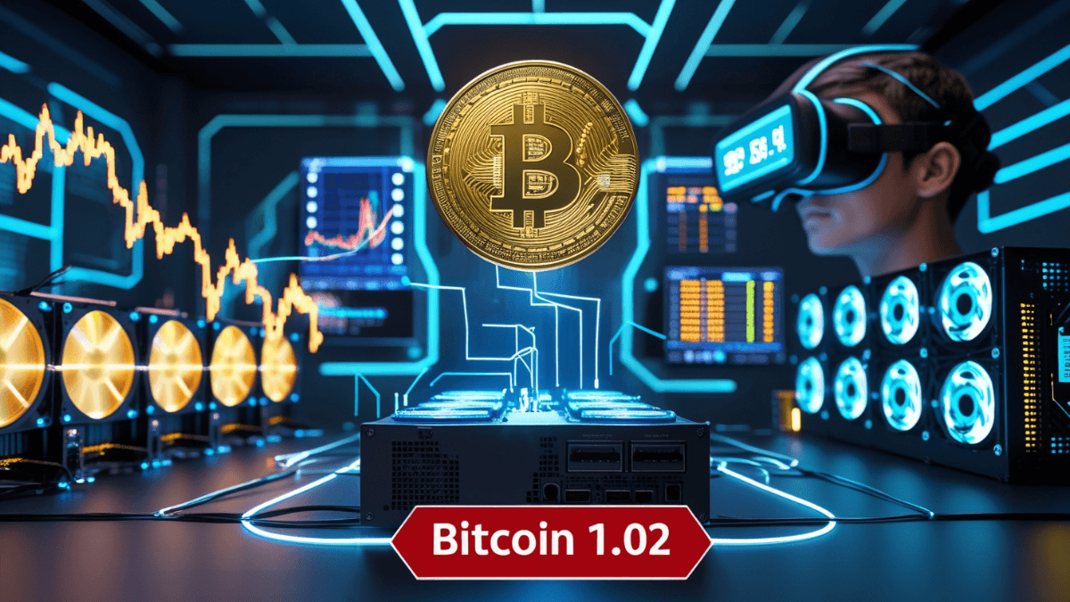 Crypto Mining setup with GPU and ASIC hardware, digital Bitcoin coin and mining software interface in background, representing cryptocurrency mining process in Hindi