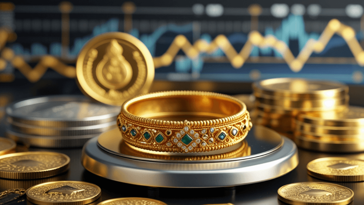 Gold Rate Today: सोने-चांदी के भाव में बदलाव दर्शाता भारतीय आभूषण और फाइनेंशियल ग्राफ वाला चित्र