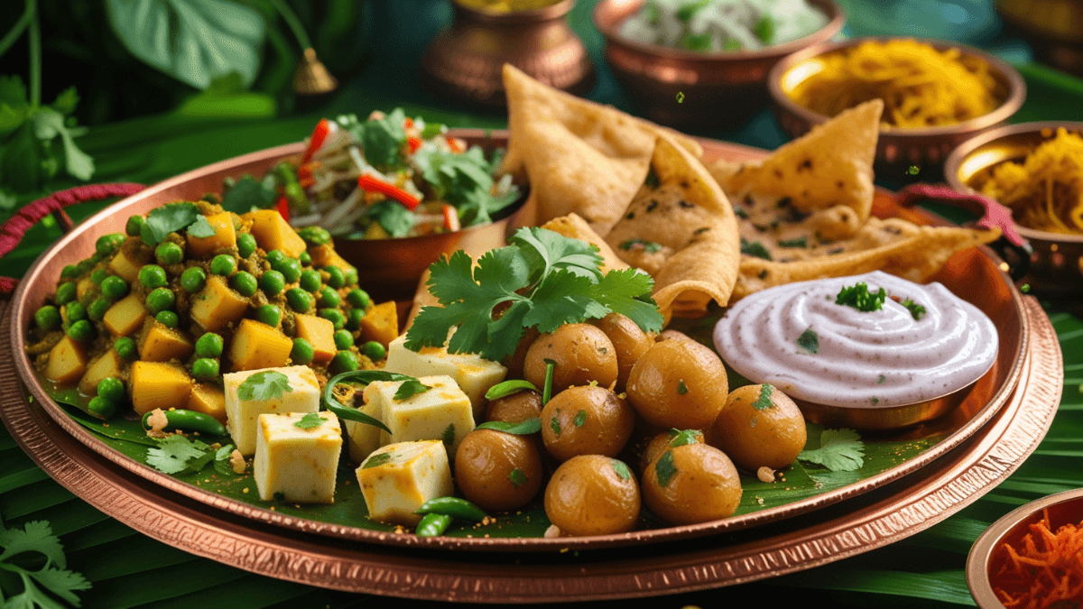 Hariyali Teej Special Veg Thali Recipe में स्वादिष्ट पनीर मटर, पूड़ी, जीरा आलू और मीठी सेवईं की तस्वीर