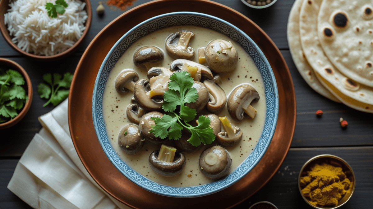 Creamy and spicy Mushroom Kali Mirch Recipe served with jeera rice and coriander garnish in a bowl