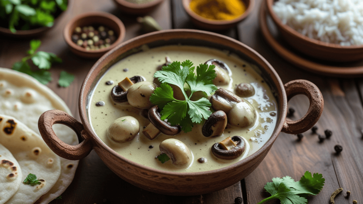 Creamy and spicy Mushroom Kali Mirch Recipe served with jeera rice and coriander garnish in a bowl