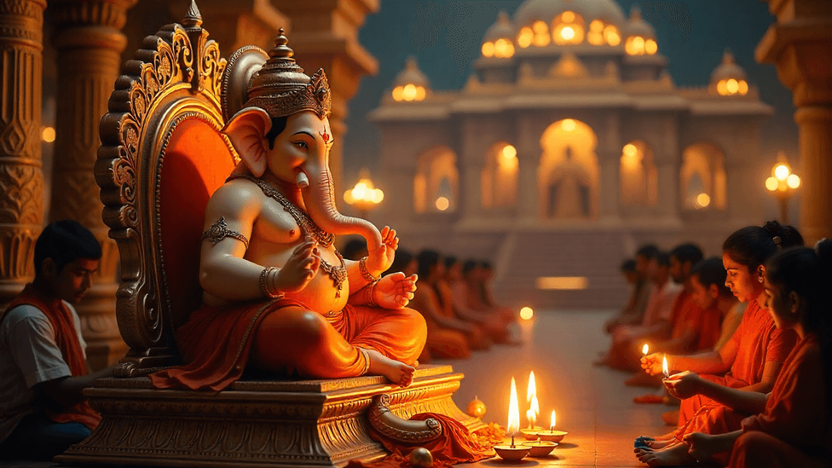 Ganesh Ji Ki Aarti lyrics with devotees performing Ganesh Chaturthi Puja 2025 in decorated pandal