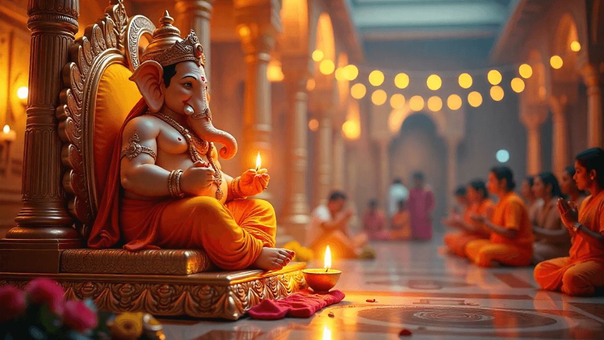 Ganesh Ji Ki Aarti lyrics with devotees performing Ganesh Chaturthi Puja 2025 in decorated pandal