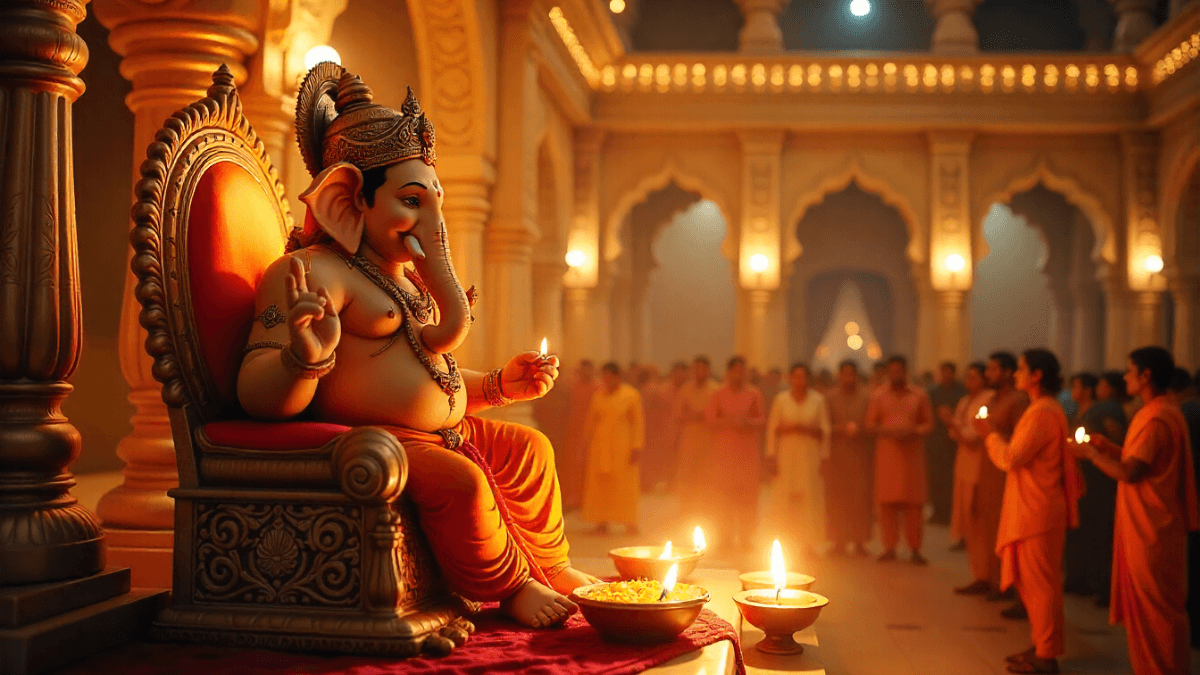 Ganesh Ji Ki Aarti lyrics with devotees performing Ganesh Chaturthi Puja 2025 in decorated pandal