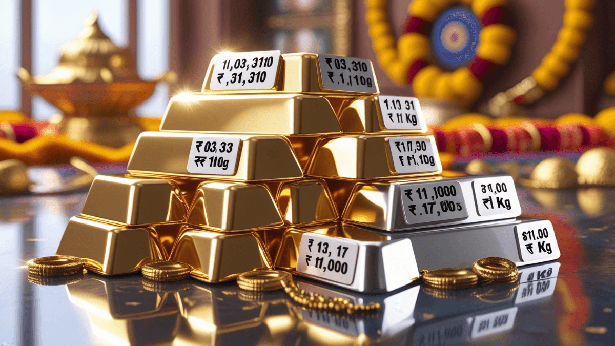 Gold and silver price today 8 August 2025 with shining bars, Indian festive background and price tags