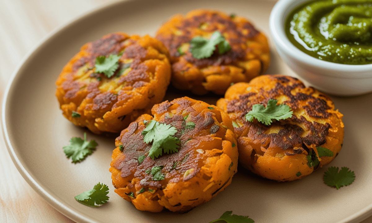 Sweet Potato Tikki For Navratri Vrat served with green chutney and curd on fasting plate