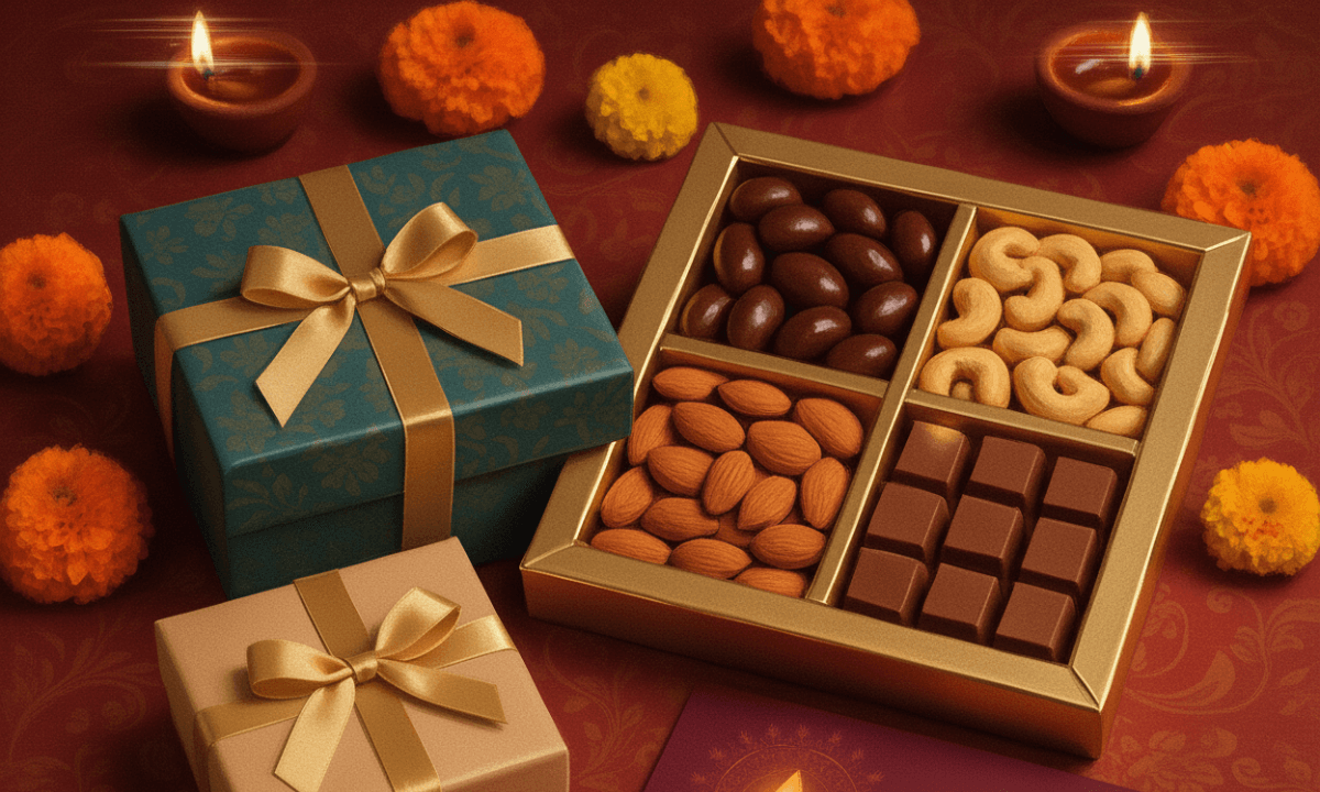 Diwali Gift Ideas 2025 – यूनिक और पर्सनलाइज्ड दिवाली तोहफों की खूबसूरत सजावट, लैंप, ड्रायफ्रूट बॉक्स और हैंडमेड गिफ्ट्स के साथ।