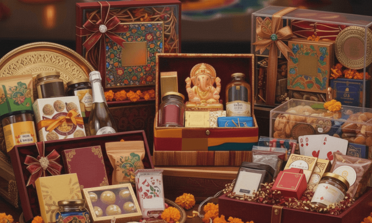 Diwali Gift Ideas 2025 – यूनिक और पर्सनलाइज्ड दिवाली तोहफों की खूबसूरत सजावट, लैंप, ड्रायफ्रूट बॉक्स और हैंडमेड गिफ्ट्स के साथ।