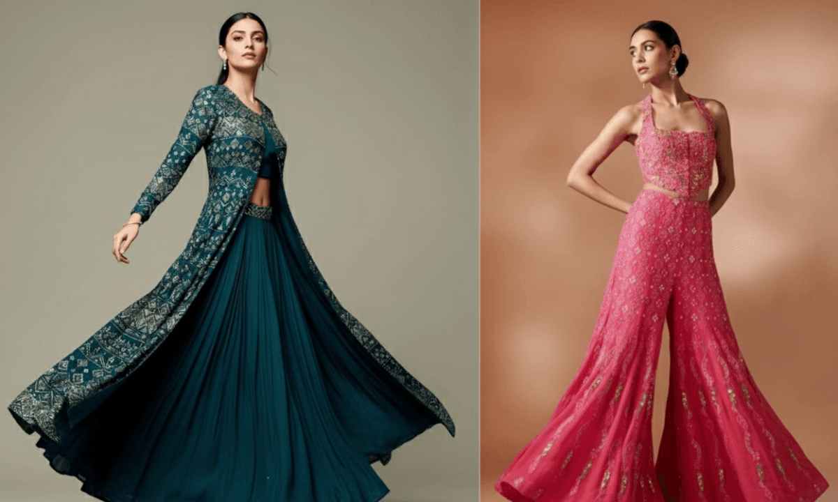 Beautiful Indian woman wearing stylish Diwali outfit ideas for women 2025 – trendy ethnic festive wear look with saree, sharara, and Indo-western dress.