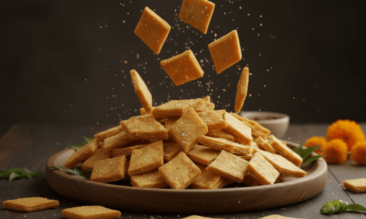 Crispy Namak Pare Recipe For Diwali served in a festive bowl with diyas and flowers – traditional Indian snack for Diwali celebrations.