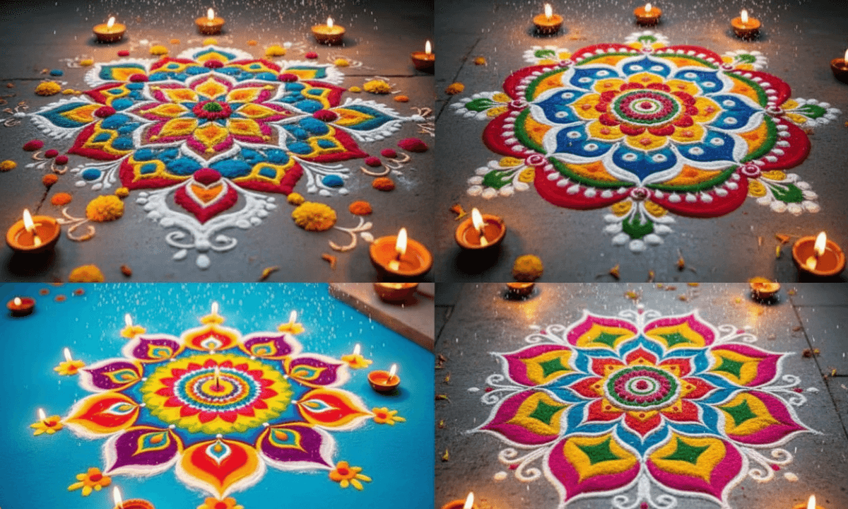 Beautiful traditional Rangoli Design on Diwali 2025 showing vibrant colors and Lakshmi welcome pattern at home entrance.