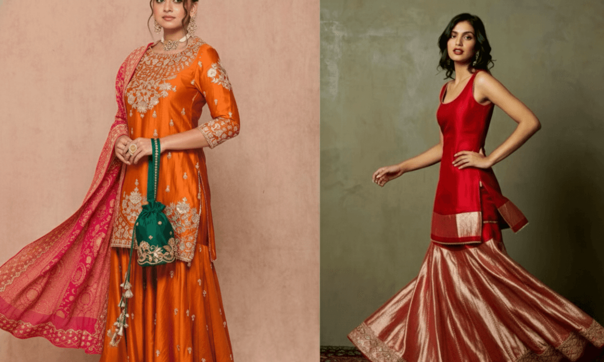 Beautiful Indian woman wearing stylish Diwali outfit ideas for women 2025 – trendy ethnic festive wear look with saree, sharara, and Indo-western dress.