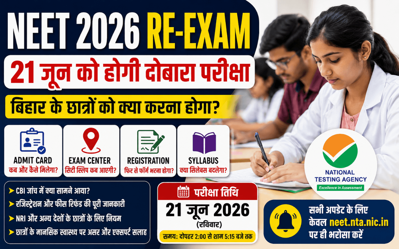 NEET 2026 Re-Exam: 21 जून को होगी परीक्षा, Bihar के छात्र जानें Admit Card और Center की पूरी जानकारी