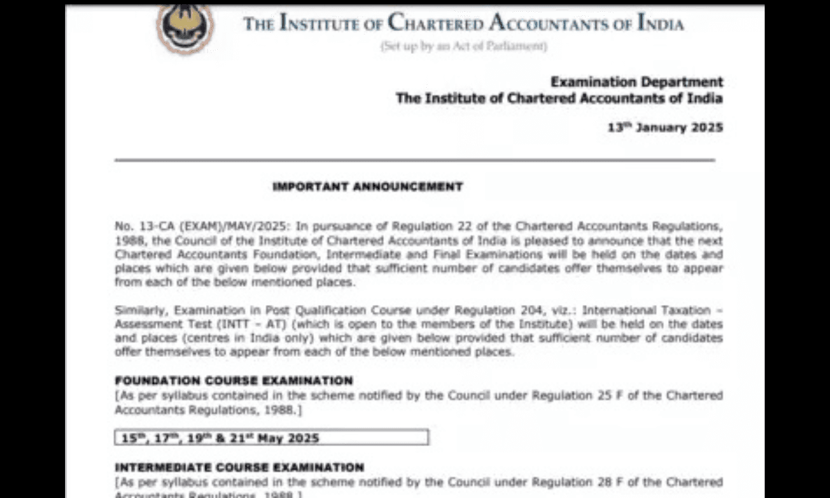 ICAI CA Exam Schedule 2025: ICAI द्वारा जारी किया गया मई 2025 सीए परीक्षा का नया शेड्यूल, जिसमें फाइनल, इंटरमीडिएट और INTT-AT की संशोधित तिथियां दिखाई गई हैं