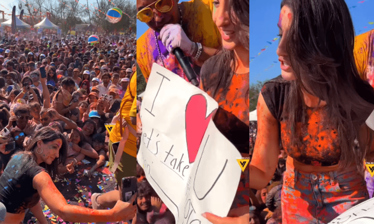 Nora Fatehi Viral Video: नोरा फतेही ह्यूस्टन में फैंस के साथ होली खेलते हुए, चेहरे पर रंग और ब्लैक टॉप में मुस्कुराती हुई दिख रहीं हैं।