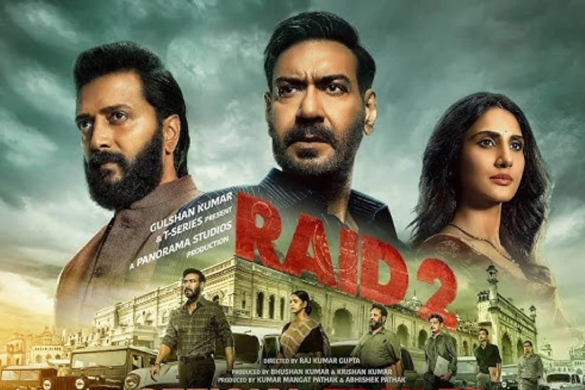 Raid 2 Movie still featuring Ajay Devgan and Ritesh Deshmukh in an intense scene from the 2025 Bollywood action thriller.