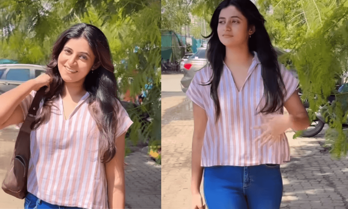 Sanchita Bashu Instagram Viral Reel video on road with bag, expressing on Kumar Sanu and Alka Yagnik song Raah Mein Unse Mulaqat