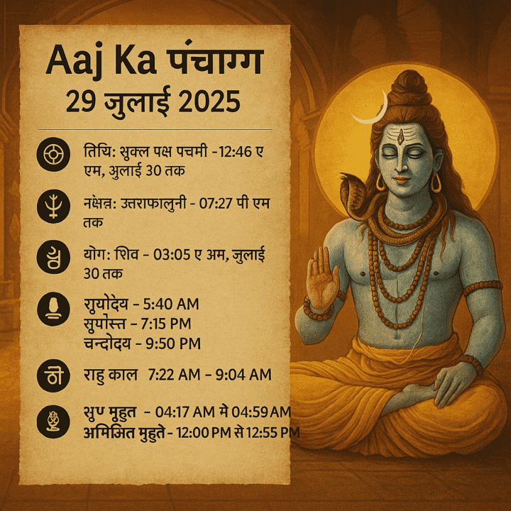 Aaj Ka Panchang 29 July 2025 का शुभ मुहूर्त, राहु काल, नक्षत्र और पंचांग विवरण
