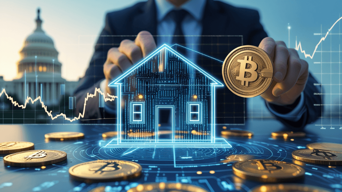 अमेरिकी सीनेटर सिंथिया लुमिस Crypto Mortgage विधेयक पेश करती हुईं, बैकग्राउंड में क्रिप्टो कॉइन और घर की तस्वीर