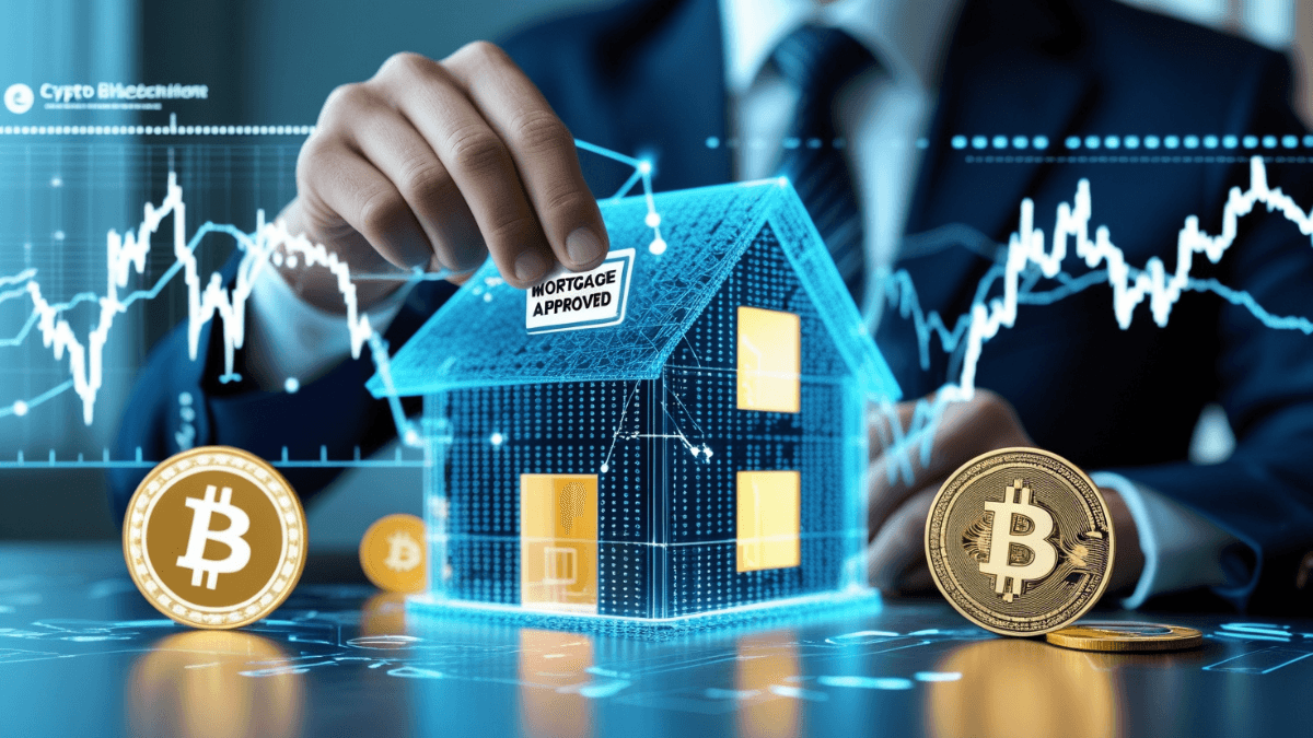 अमेरिकी सीनेटर सिंथिया लुमिस Crypto Mortgage विधेयक पेश करती हुईं, बैकग्राउंड में क्रिप्टो कॉइन और घर की तस्वीर