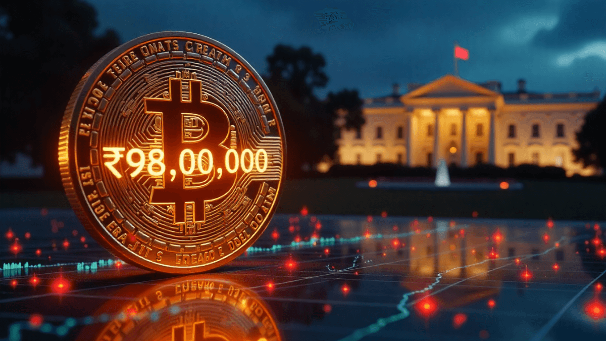 Cryptocurrency prices today showing Bitcoin above ₹98 lakh and Ethereum above $3,800 with White House crypto policy impact on digital market