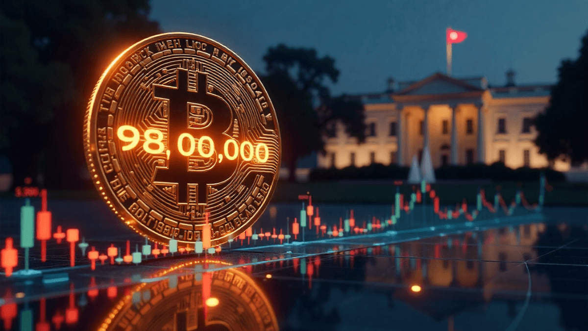 Cryptocurrency prices today showing Bitcoin above ₹98 lakh and Ethereum above $3,800 with White House crypto policy impact on digital market