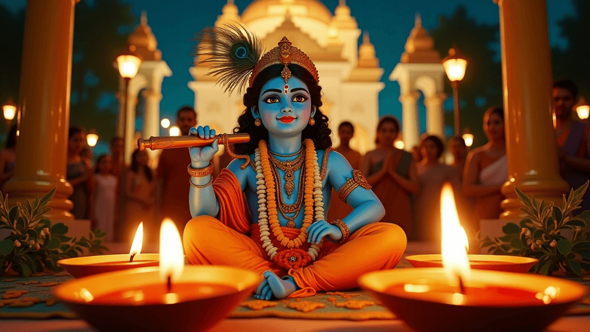 Janmashtami 2025 पर भगवान श्रीकृष्ण की पूजा करते भक्त, मंत्र जाप और झांकी सजावट के साथ