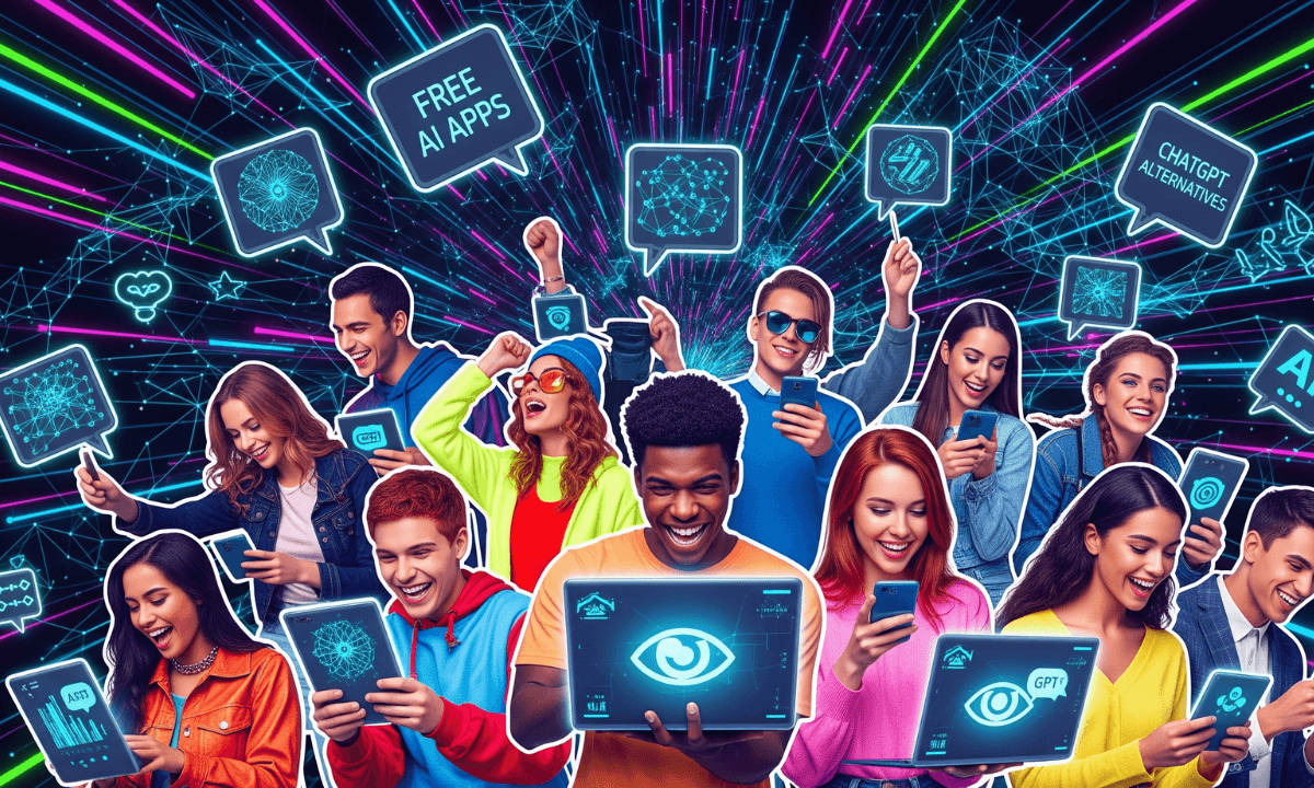 Gen Z युवा विभिन्न फ्री AI ऐप्स का उपयोग करते हुए, ChatGPT Alternatives की टेक्नोलॉजी का अनुभव करते हुए।