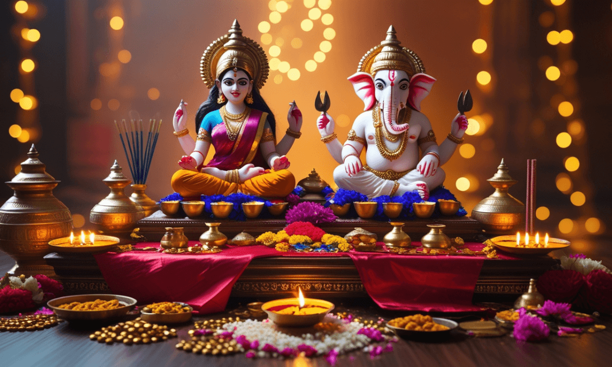 Diwali Puja Samagri List 2025 – मां लक्ष्मी और भगवान गणेश पूजा सामग्री लिस्ट, दीपक, फूल, मिठाई और पूजा विधि के साथ सजावट।