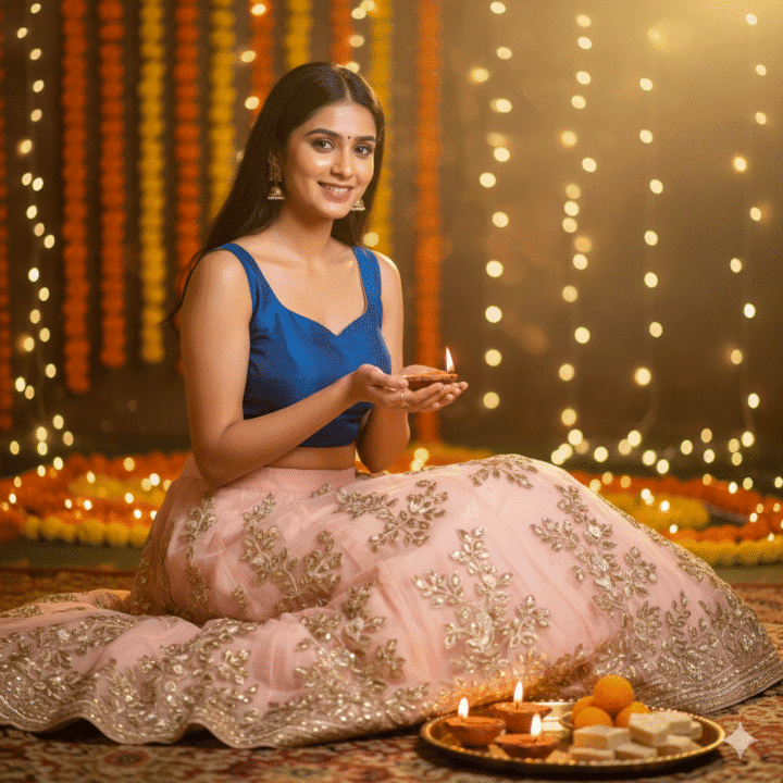 Gemini girl using AI Diwali prompt to create stunning festive photos with lights and traditional look.