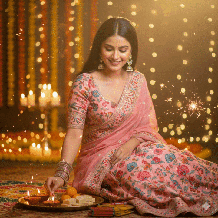 Gemini girl using AI Diwali prompt to create stunning festive photos with lights and traditional look.