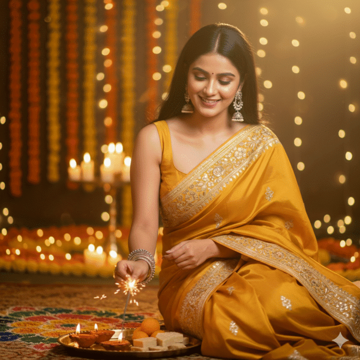 Gemini girl using AI Diwali prompt to create stunning festive photos with lights and traditional look.
