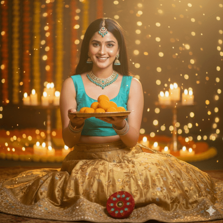 Gemini girl using AI Diwali prompt to create stunning festive photos with lights and traditional look.