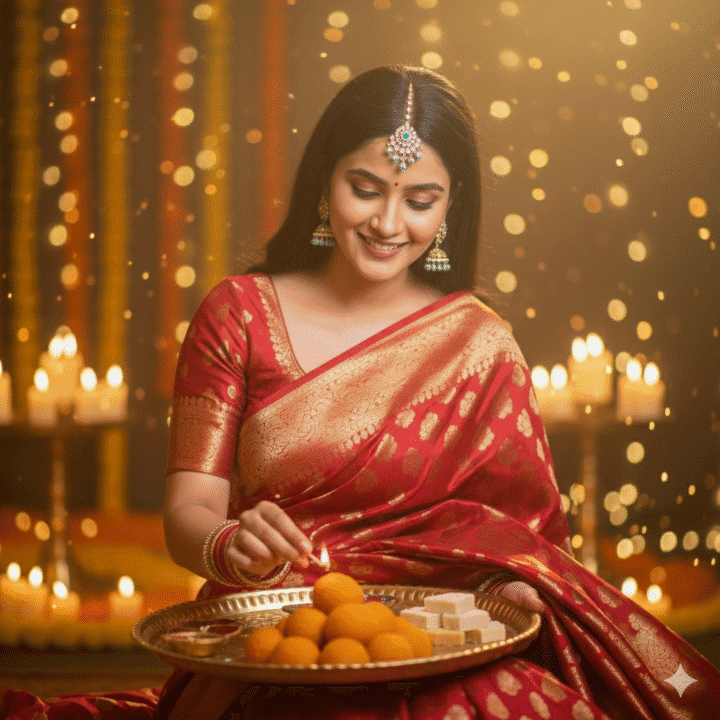 Gemini girl using AI Diwali prompt to create stunning festive photos with lights and traditional look.