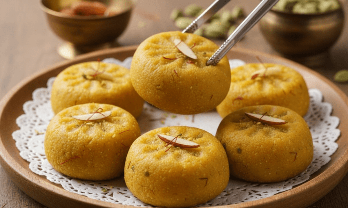 Homemade Kesar Peda Recipe for Diwali – Delicious saffron milk peda garnished with pistachio and almonds.