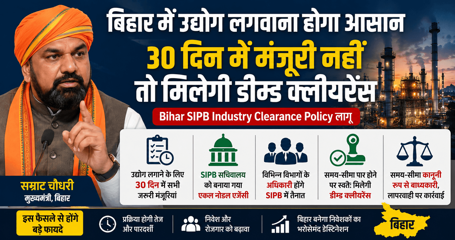 Bihar SIPB Industry Clearance Policy: 30 दिन में मंजूरी, नहीं तो मिलेगी डीम्ड क्लीयरेंस