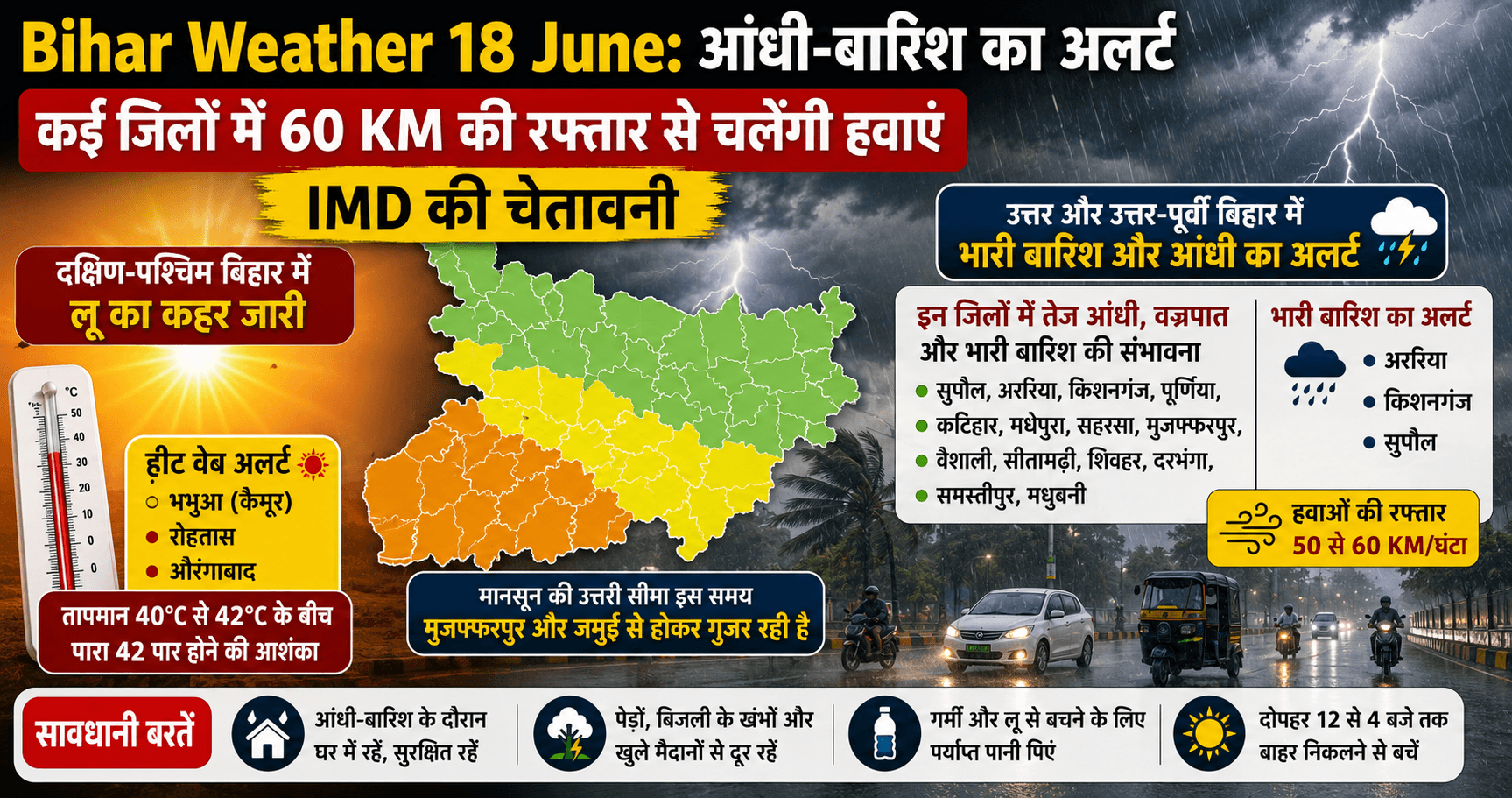 Bihar Weather 18 June: आंधी-बारिश का अलर्ट, कई जिलों में 60 KM की रफ्तार से चलेंगी हवाएं