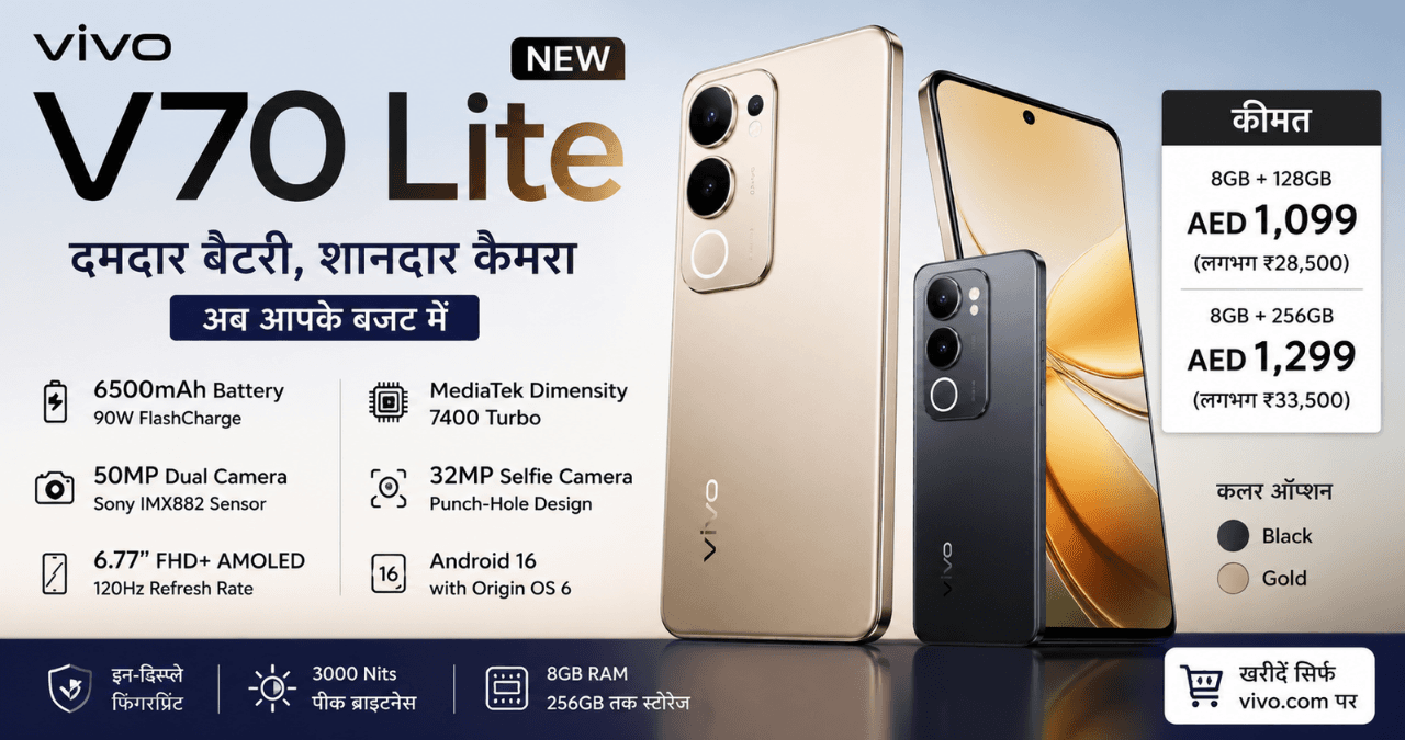 Vivo V70 Lite: 6500mAh बैटरी और 50MP कैमरे के साथ लॉन्च, जानें कीमत