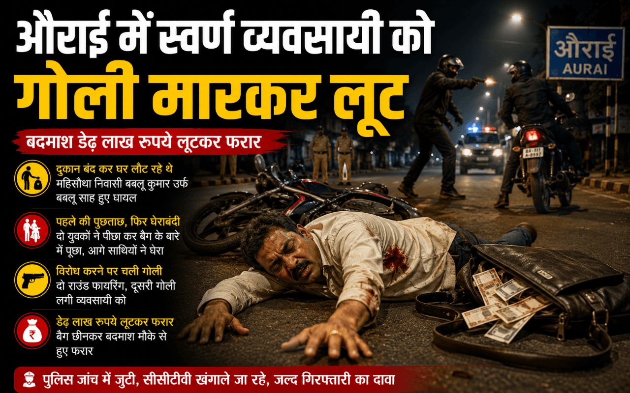 औराई में स्वर्ण व्यवसायी को गोली मारकर लूट, डेढ़ लाख रुपये लेकर फरार