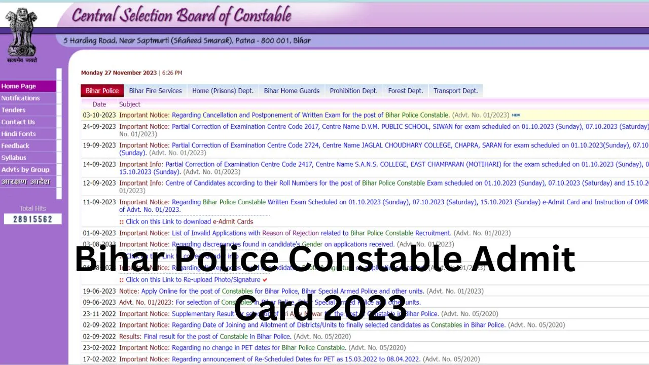 Bihar Police constable admit card
