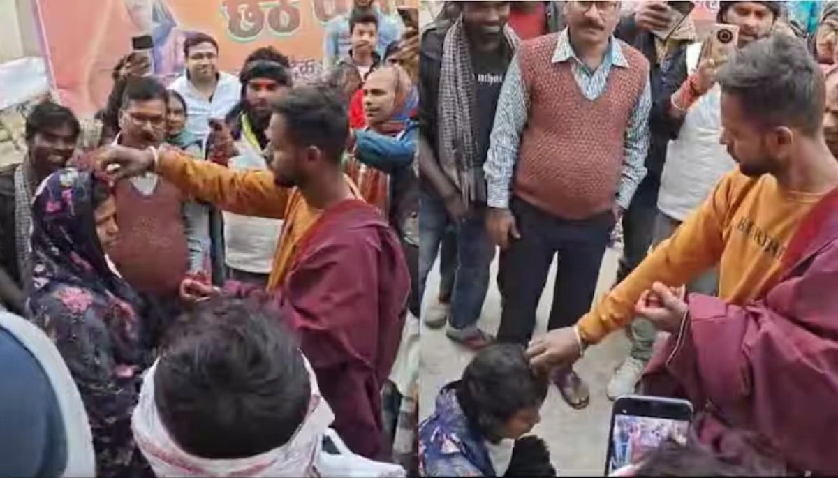A dramatic scene in Bhagalpur where a crowd forced a young man to fill sindoor in a woman's demand, symbolizing their forced marriage in the presence of others.