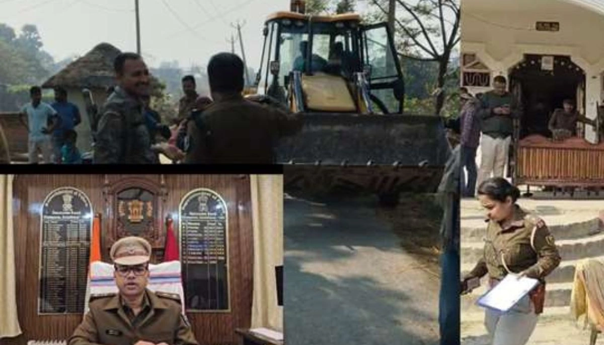 A massive police operation in Motihari led by SP Swarn Prabhat to seize properties of absconding criminals and mafias, with heavy police presence and JCBs in action.
